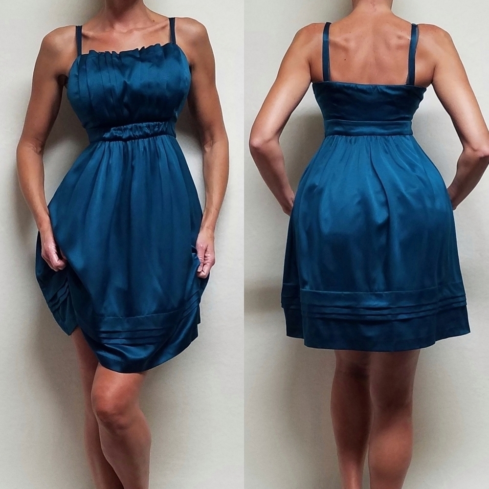 Y2K Vintage The Limited Teal Stretchy Satin Ruched Pleated Mini Babydoll Dress